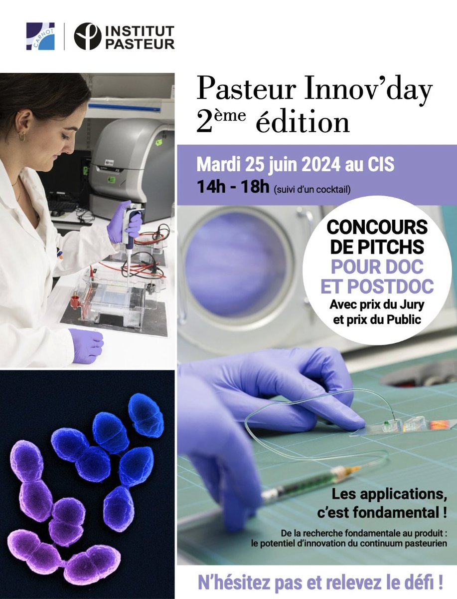 Vous cherchez un collaborateur de choix pour lever un verrou scientifique ou technologique ?  

🔬 Pasteur Innov’Day : les applications, c’est fondamental ! 🔬
📅 Mardi 25 juin 2024 - 14h/18h
👉 Inscription : innovday.vimeet.events/fr/