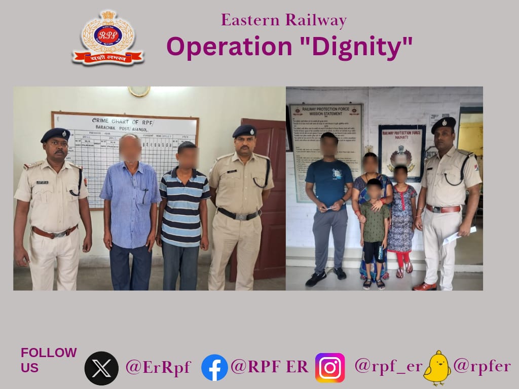 'We unite family members.' RPF rescued 02 male/female persons from Naihati & Barachak Railway Station and handed over to their family member with due verification & documentation. #OperationDignity @RPF_INDIA @RailMinIndia @EasternRailway