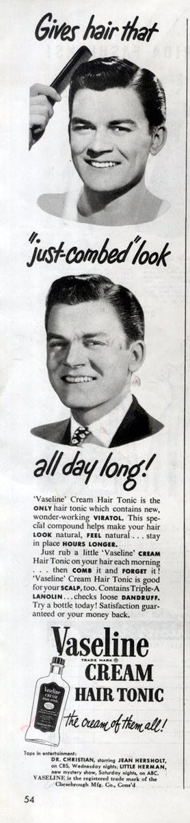 In #MAY 1949 ‘Gives hair that “just combed” look all day long! Vaseline Cream Hair Tonic. May 1949. #hair #haircare #grooming #hairtonic #Vaseline