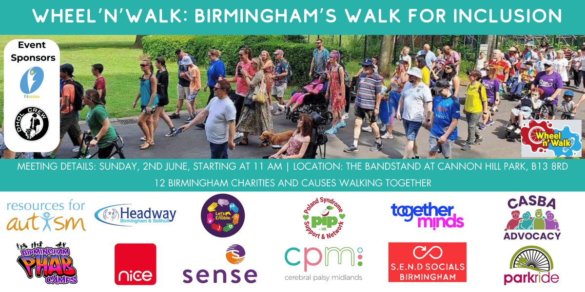 HeadwayBS's tweet photo. #WheelnWalk2024 12 local #charities coming together at #BhamWalk4Inclusion on Sunday 2 June. 
Walk, cycle, push or be pushed. 
Enjoy @Fitnniss warm-up &amp; @DholCrew getting us started. 
Free to enter. Refreshments provided. Register in advance at fundraising@headway-bs.org.uk https://t.co/YeuleM4ri8