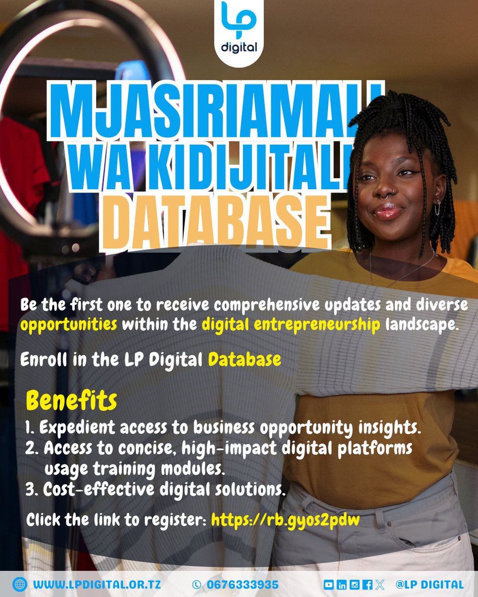 Be the first to get digital business opportunities! Sign up for the LP Digital Database now. Click the link to register docs.google.com/forms/d/e/1FAI… #LPDataBase #Fursa #MitandaoNaSisi #DigitalSkills #SkillingTanzania #OnlineSafety #DigitalTanzania