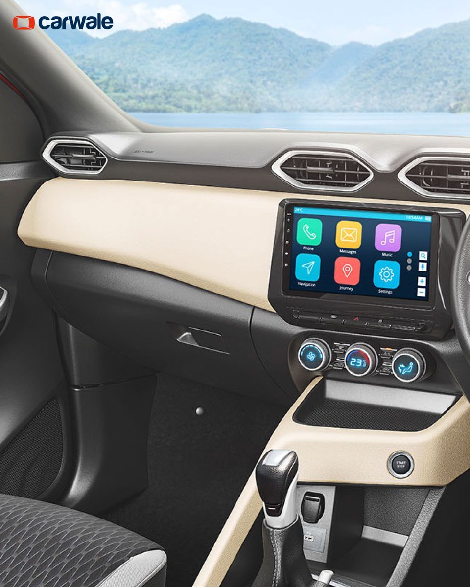 CarWale's tweet image. #NissanMagniteGeza #CVTSpecialEdition launched at Rs. 9.84 lakh (ex-showroom)
-9-inch touchscreen infotainment
-Wireless compatibility for Android Auto &amp;amp; Apple CarPlay
-JBL sound system
-Rear parking camera
-Ambient lighting
-Beige seat upholstery
-'GEZA' Edition badge

#cwlaunch