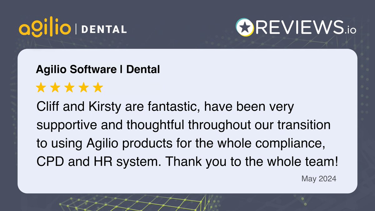 🌟Wonderful feedback for the team and our trio of products, Agilio One.

When it comes to compliance, HR and CPD requirements, Agilio One is a dental practice's best friend!

👉🏼 Find out for yourself: ow.ly/RfRM50RRnpn

#AgilioDental #dentalcompliance #dentalHR #dentalCPD