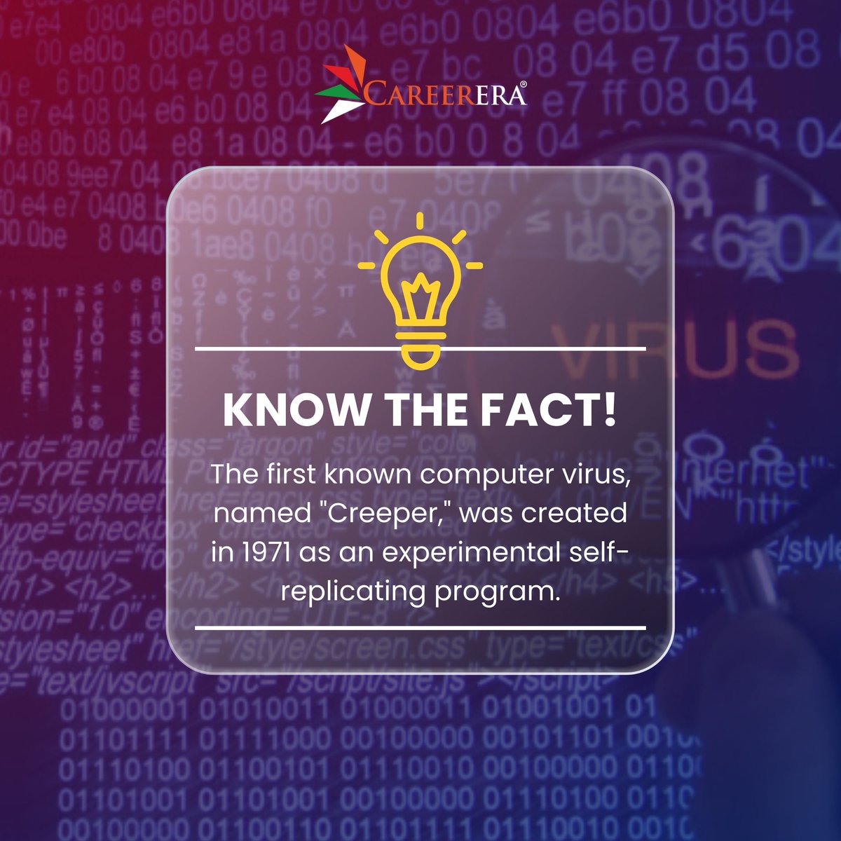 Careerera1's tweet photo. Know the facts!
The first known computer virus, named "Creeper," was created in 1971 as an experimental self-replicating program.
#computervirus #virus #creeper #cybersecurity #malware #computer #computerscience #hacker #computertechnology #hacking #computertech #antivirus https://t.co/514uDa1VLk