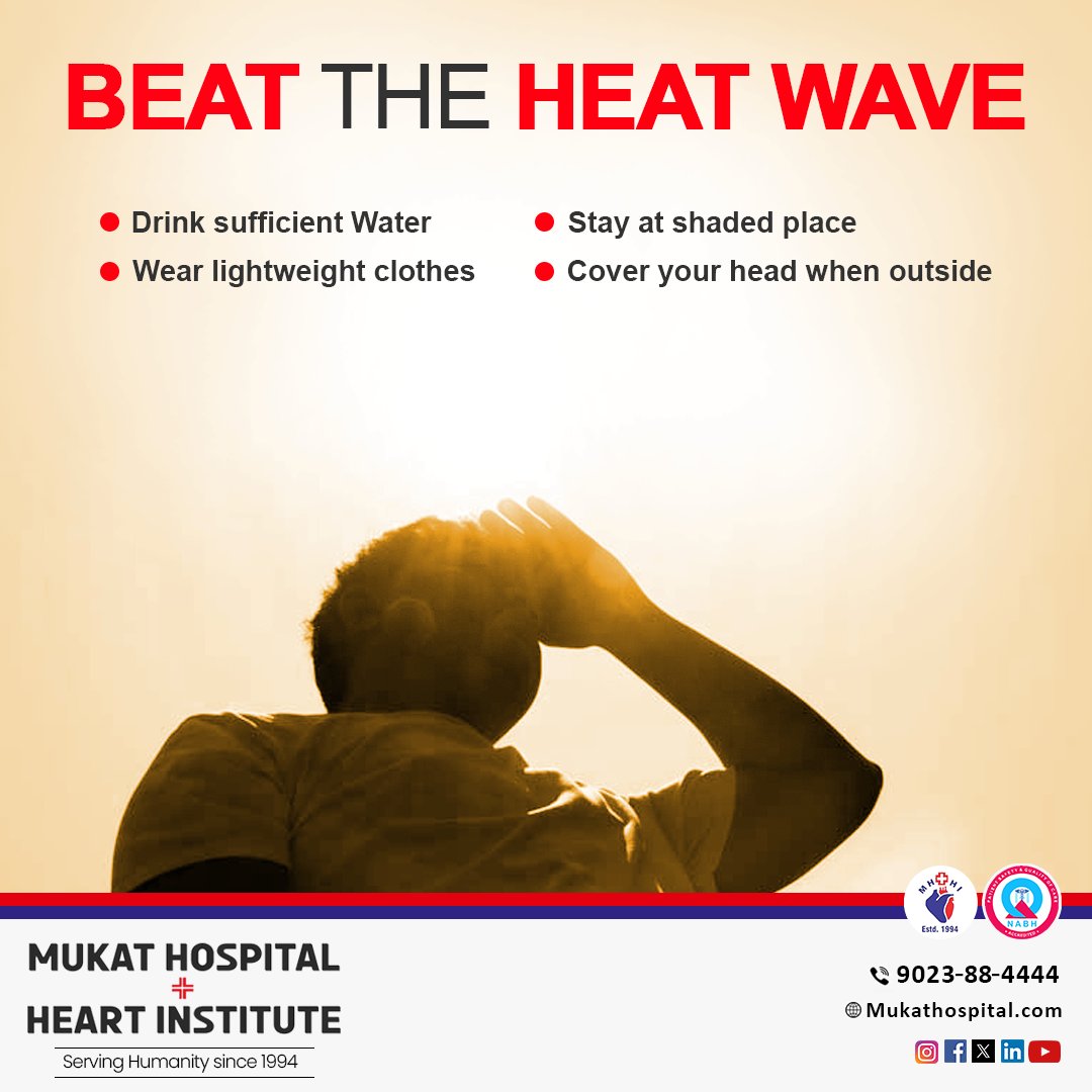 𝗕𝗲𝗮𝘁 𝗧𝗵𝗲 𝗛𝗲𝗮𝘁 𝗪𝗮𝘃𝗲 -
🌞 Drink sufficient water 💦
🌞 Stay at shaded place 🌳
🌞 Wear lightweight clothes 👚
🌞 Cover your head when outside 🧢

#heatwave #heat #sunlight #summer #health #healthcreative #healthiswealth #instapost #chandigarh #mukathospital