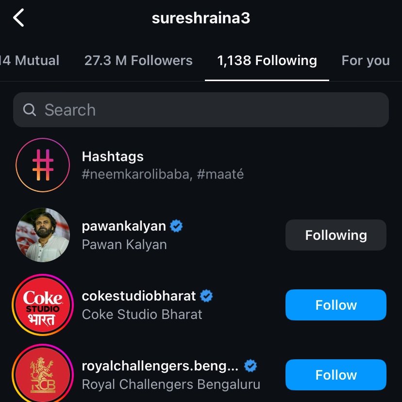 Indian Cricketer @ImRaina following @PawanKalyan on Instagram ♥️😍