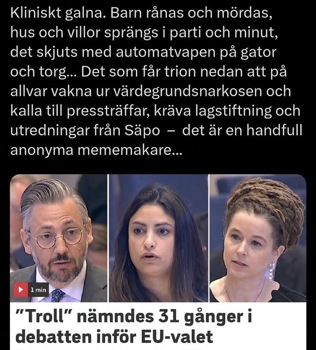 Sverige har enorma problem med:

- skjutningar 
- mord
- sprängningar 
- grova våldtäkter 
- kriminella gäng 
- inbrott, bedrägerier av gamla
Leder våldet i hela Europa 

- men det är inga problem! Det är ”troll” som är Sveriges problem!