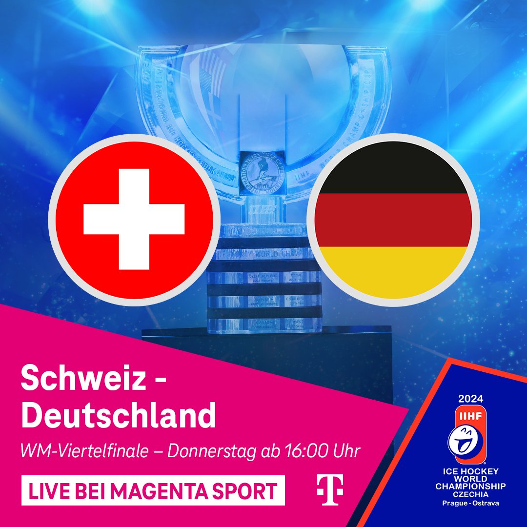 War ja fast klar! 😄 Im Viertelfinale der <a href="/IIHFHockey/">IIHF</a>-WM trifft der <a href="/deb_teams/">Deutscher Eishockey-Bund</a> heute um 16:20 Uhr auf die Schweiz. 🇩🇪🇨🇭 Mit den Eidgenossen haben wir in K.o.-Duellen zuletzt gute Erfahrungen gemacht. 💪 Die Partie seht ihr live auf #MagentaSport, <a href="/ProSieben/">ProSieben</a> und @SportDE_TV. 📺