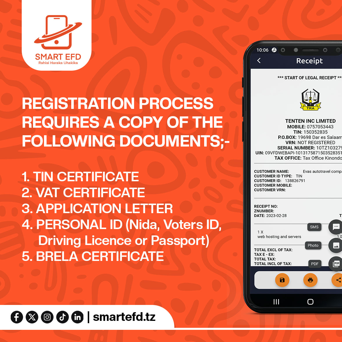 SmartEFD's tweet photo. 🚀 Exciting News! Register for our Smart EFD System and complete your  registration in just 3 working days! Streamline your tax processes and  ensure compliance with our efficient and innovative solution. Don’t miss  out—get registered today! #SmartEFD #TRAReceipt #TRATanzania https://t.co/EVh8BKVfhf