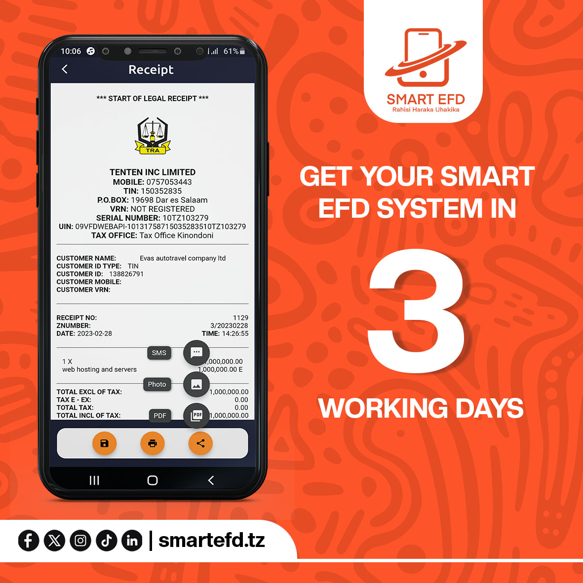 SmartEFD's tweet photo. 🚀 Exciting News! Register for our Smart EFD System and complete your  registration in just 3 working days! Streamline your tax processes and  ensure compliance with our efficient and innovative solution. Don’t miss  out—get registered today! #SmartEFD #TRAReceipt #TRATanzania https://t.co/EVh8BKVfhf