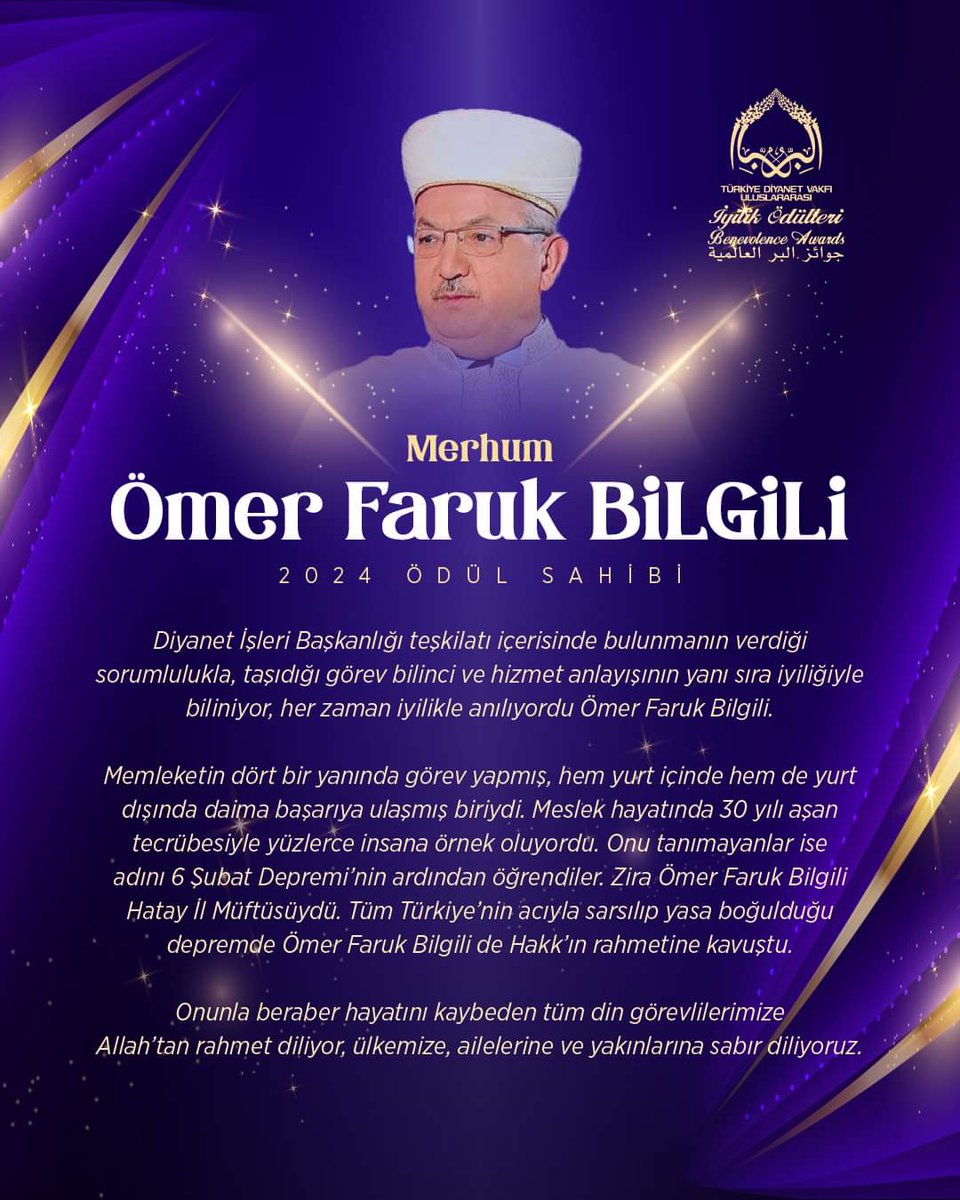 7. Uluslararası İyilik Ödülleri vefa ödülü sahiplerinden Ömer Faruk Bilgili Hocam Hakkın rahmetine kavuşmuştur. Allah Rahmet eylesin mekanı cennet olsun inşallah. #iyiliködülleri