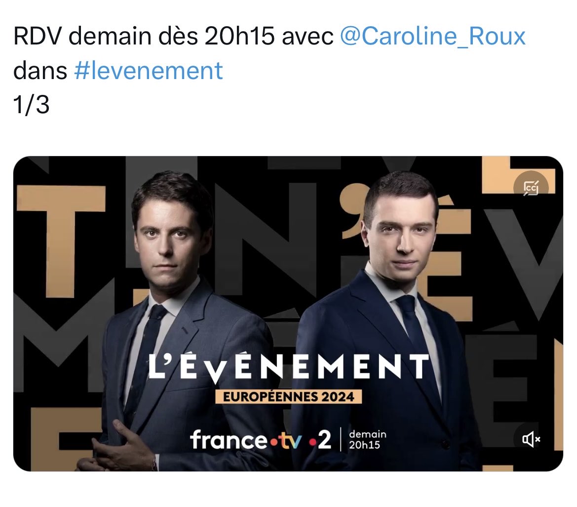 À ce soir sur France 2 ! “L’Evénement” de ⁦⁦@FranceTV⁩ : 20h15: Débat Attal-Bardella animé par Caroline Roux. 22h: Nos interviews de 4 autres têtes de listes des élections européennes: Manon Aubry, François-Xavier Bellamy, Marie Toussaint et Marion Maréchal.👇