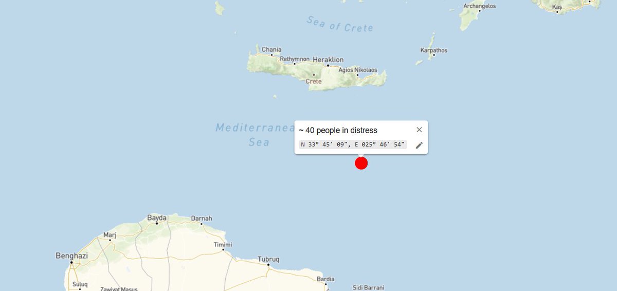 🆘~40 people in distress south of #Crete! A relative informed us about a boat fleeing from #Libya in distress at sea. According to JRCC #Cairo, the cargo ship #Juliet is currently looking for them, but waves are high. We hope they'll be found soon. Take them to a port of safety!