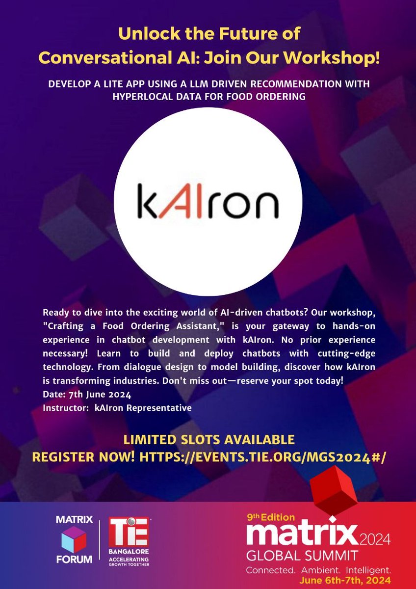 Revolutionize AI! 🚀 Join our workshop, 'Crafting a Food Ordering Assistant,' and build chatbots with LLM-driven recommendations. No experience needed! Register: events.tie.org/mgs2024#/ #AI #Chatbots #kAlron