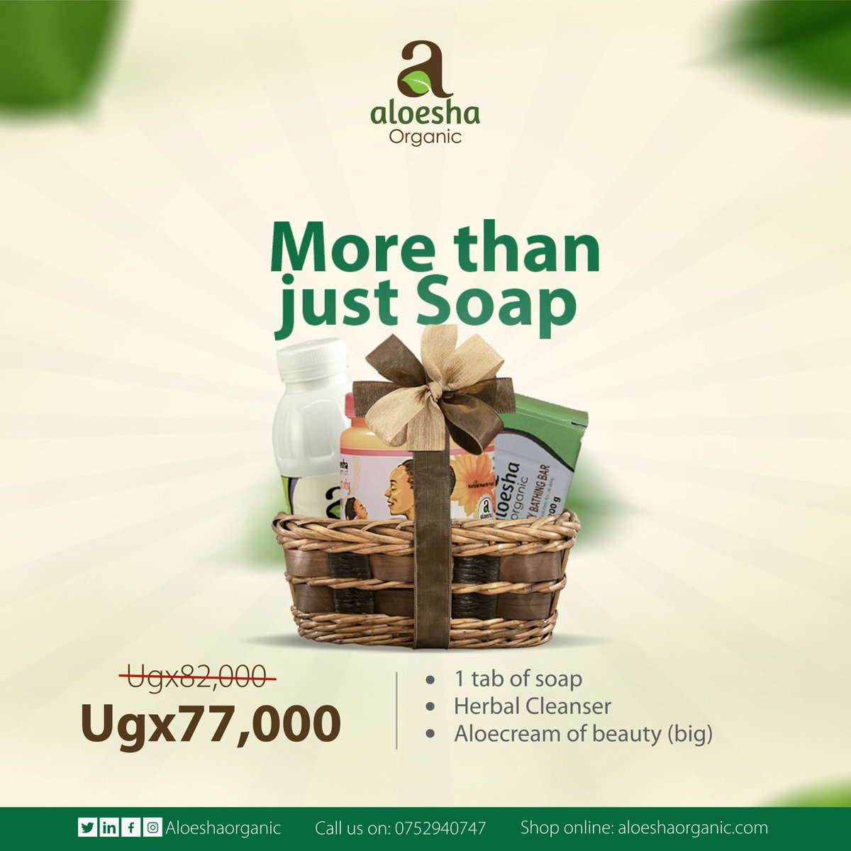 Good morning! Don't miss out on the opportunity to get a hamper with all your natural beauty essentials, including: 1. Soap 2. Herbal cleanser 3. A large tin of Aloecream of Beauty, all for just Ugx77,000. For more details, call or WhatsApp 0752940747. #herbalife