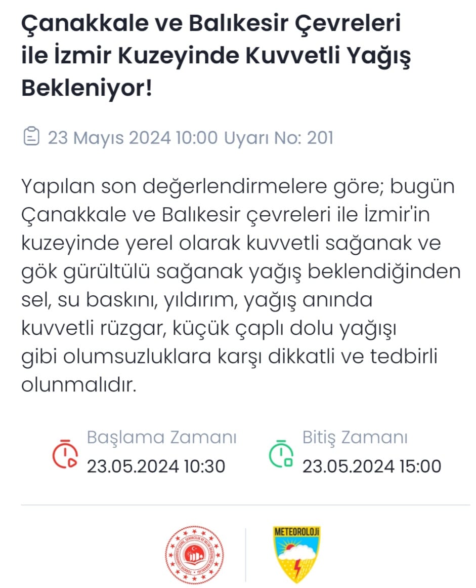 Meteorolojik Uyarı!!! 

T.C. Çevre, Şehircilik ve İklim Değişikliği Bakanlığından alınan bilgiyi kentlilerimizin bilgisine sunarız.

#Çanakkale #BarışınKenti 
#MeteorolojikUyarı