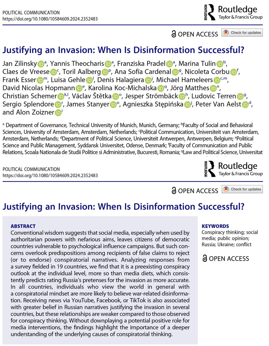 *New paper * in @polcommjournal: What matters more for believing disinformation: social media use, political views, or a conspiracy mindset? First, some good news: in most places, only a minority “fell” for the debunked claims which were used to justify invading Ukraine. 🧵↓