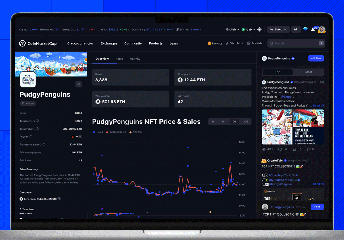 🖼️ Doing your NFT DYOR on CMC just got better with Community Feeds on NFT detail pages and 6 new chains, including Blast, Avalanche, and Cronos. Jump in and check out @pudgypenguins new Community Feed for real-time updates and discussions. 🐧 Also, keep an eye out for Solana