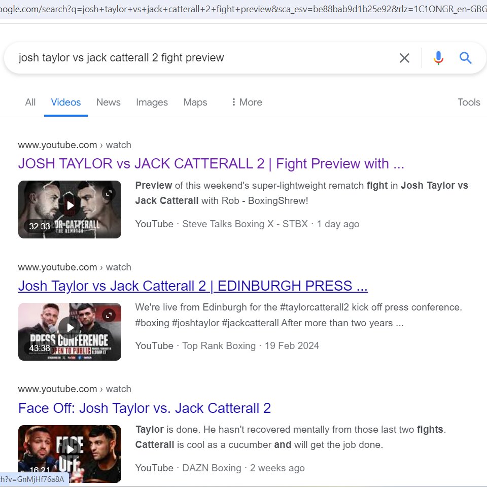 1st video on top of page 3 on the Google search this week for the Taylor vs Catterall 2 fight preview! I am well happy with that!!🤩🥊 Thanks again to @BoxingShrew & thanks to everyone for your views & likes but please still keep pushing it! 🙏#TaylorCatterall2 #STBX