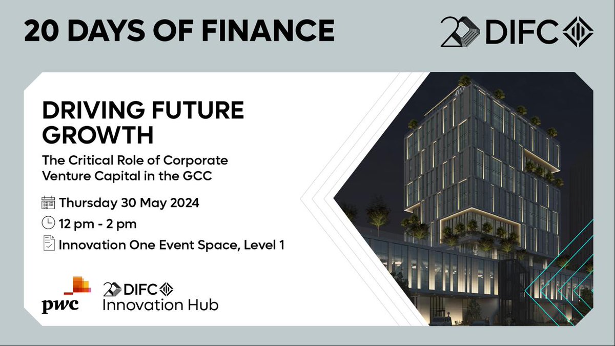 DIFC's tweet photo. As #DIFC continues to celebrate #20DaysOfFinance, we would like to invite you to join @InnovHubDIFC and @PwC_Middle_East for an in-depth event on 30th May on the growing importance of corporate venture capital (CVC) in the Middle East.
To register visit: https://t.co/Qzol7QjbFE https://t.co/H6dwRlDKhf