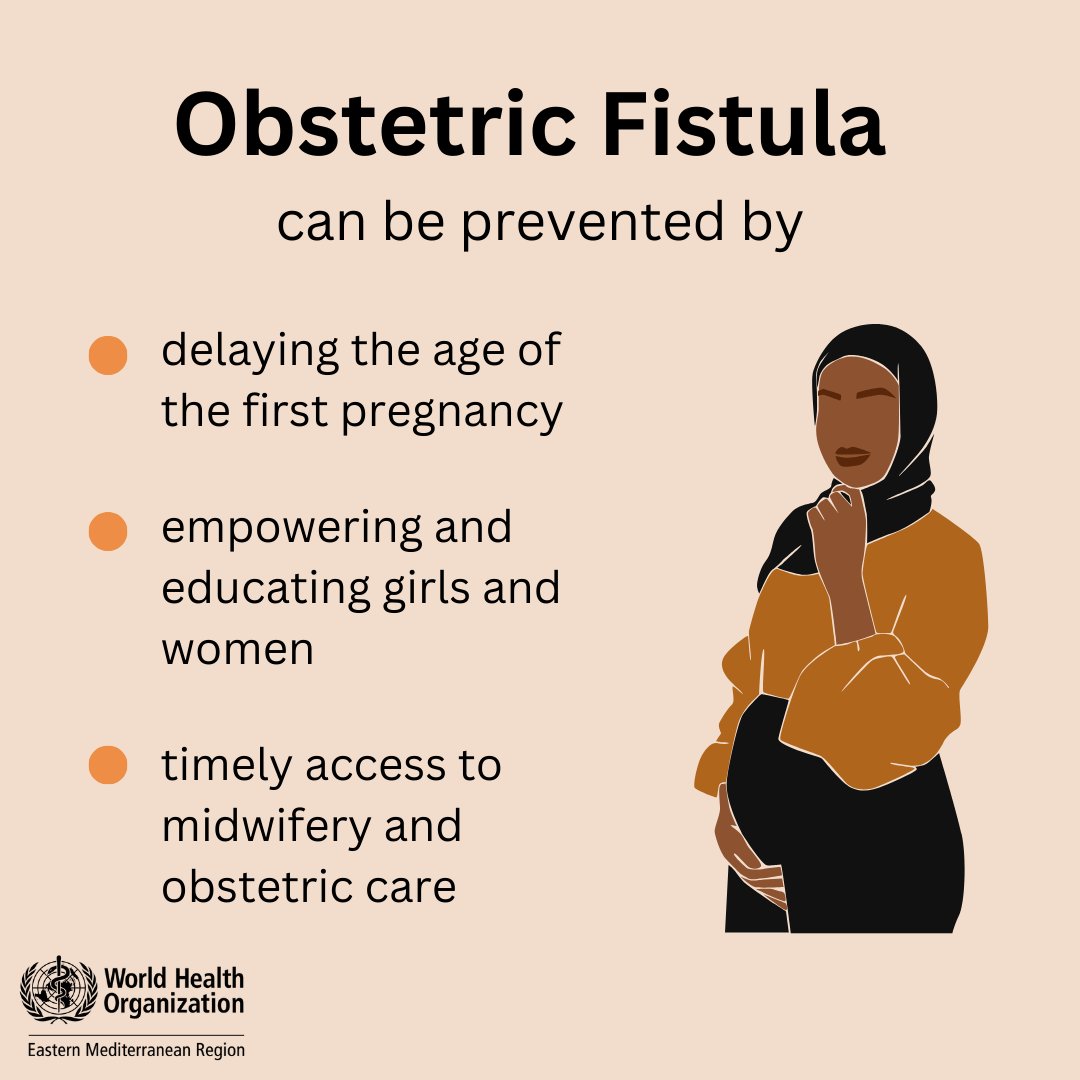 Obstetric fistula can be prevented by:

🔵delaying the age of first pregnancy
🔵empowering and educating girls and women
🔵timely access to midwifery and prenatal & obstetric care

Prevention of obstetric fistula helps improve maternal health.

#EndObstetricFistula
#EndFistula