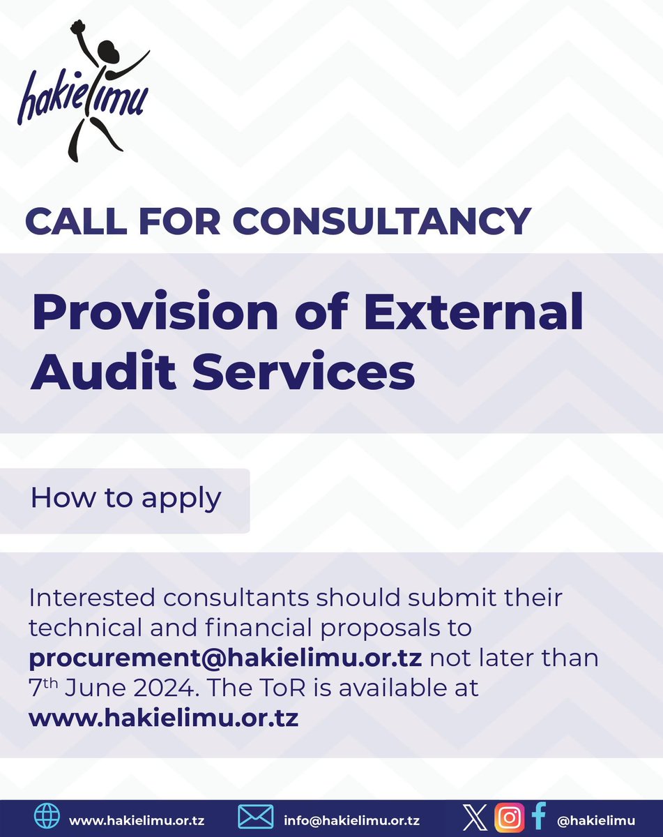 ▪️ PROVISION OF EXTERNAL AUDIT SERVICES 🔹Interested consultants should submit technical and financial proposals to 𝐩𝐫𝐨𝐜𝐮𝐫𝐞𝐦𝐞𝐧𝐭@𝐡𝐚𝐤𝐢𝐞𝐥𝐢𝐦𝐮.𝐨𝐫.𝐭𝐳 🔹Deadline: 7 June 2024 🔹Download Terms of Reference (TOR) at shorturl.at/xfXyv