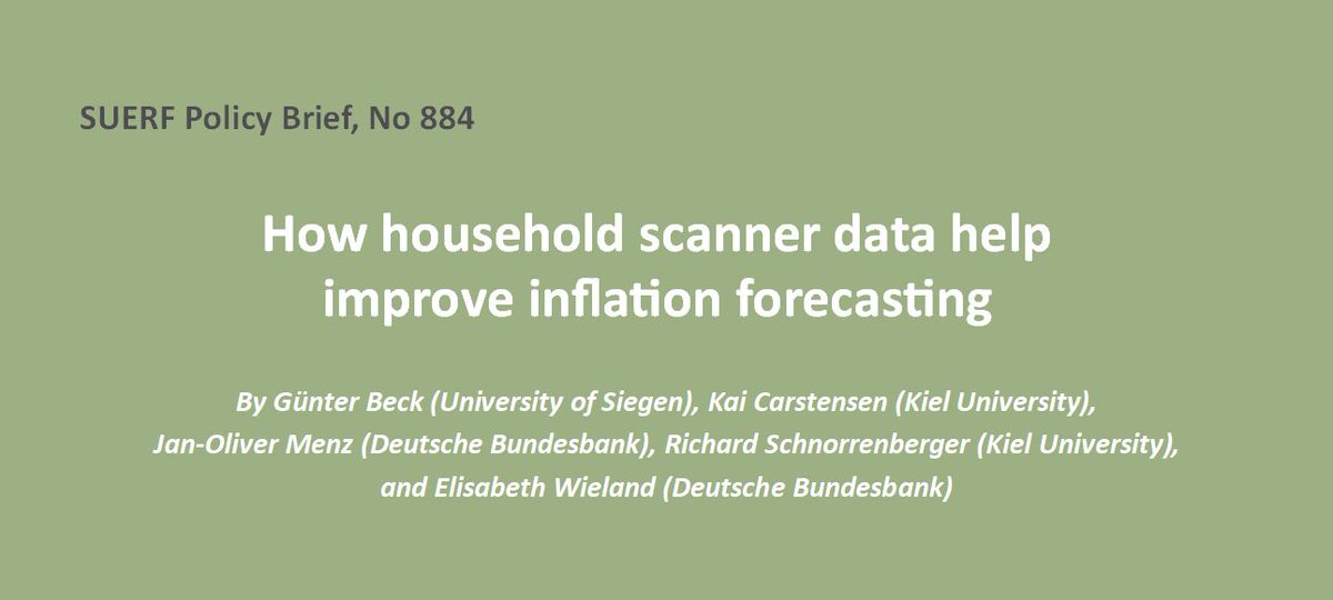 #SUERFpolicybrief “How household scanner data help improve inflation forecasting” by G. Beck (University of Siegen), K. Carstensen (@kieluni), J. Menz (@bundesbank), R. Schnorrenberger (Kiel Uni) & E. Wieland (Bundesbank) tinyurl.com/3mpvew9b #InflationNowcasting #ML