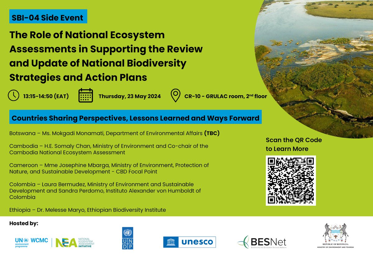 📢Happening today! The NEA Initiative at UNEP-WCMC, @unesco, @UNDP and @BWGovernment is hosting an informative session at #SBI04 to explain the role of ecosystem assessments to help shape national biodiversity strategies and action plans 🏞️🌳🔍 🔗eu1.hubs.ly/H09bjjT0