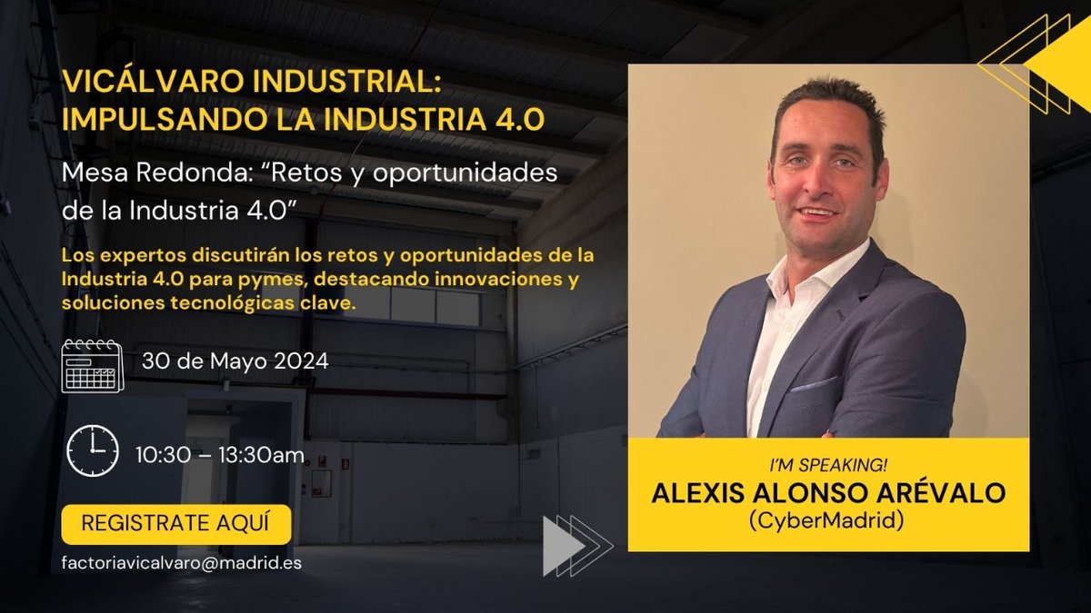 🌟📅 ¡No te pierdas 'Vicálvaro Industrial: Impulsando la Industria 4.0' el 30 de mayo!

Destacado speaking de Alexis Alonso Arévalo sobre ciberseguridad. ¡Regístrate ya! 🚀✨

#Industria40
i.mtr.cool/nluhnomffn