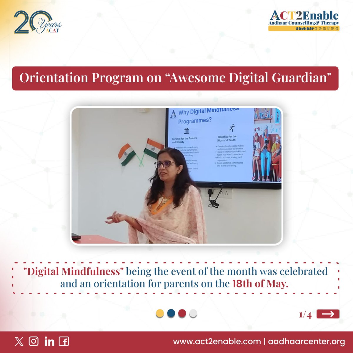 ACT2Enable's tweet photo. Aadhaar turns 20!  We're celebrating with monthly events like "Digital Mindfulness" for parents. 

#aadhaar #act2enable #20years #parentsawareness #digitalwellbeing https://t.co/jZFryQgxEC