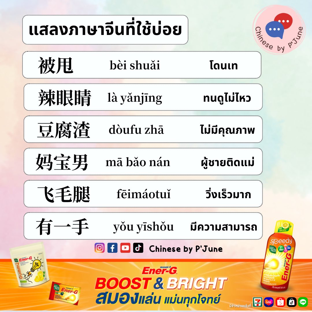 แสลงภาษาจีนที่ใช้บ่อย 被甩 bèi shuǎi โดนเท 辣眼睛 là yǎnjīng ทนดูไม่ไหว 豆腐渣 dòufu zhā ไม่มีคุณภาพ 妈宝男 mā bǎo nán ผู้ชายติดแม่ 飞毛腿 fēimáotuǐ วิ่งเร็วมาก 有一手 yǒu yīshǒu มีความสามารถ