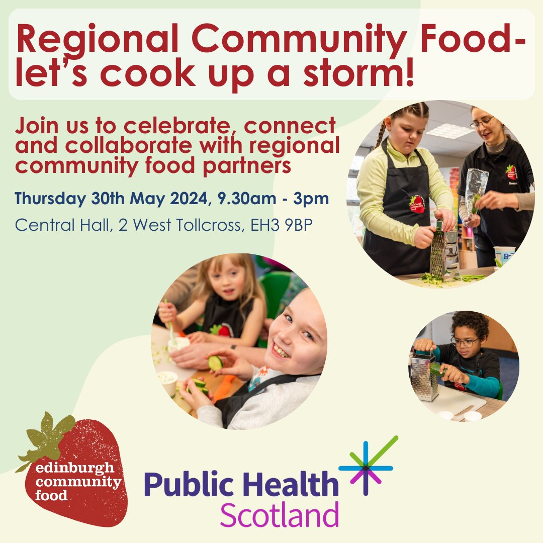 1 week to go! 🥳 Join us to celebrate, connect &amp; #collaborate with #communityfood partners.
💡 Regional Community Food–Let’s cook up a storm! 📅 Thurs 30th May
📍 Central Hall, 2 West Tollcross, Edinburgh
⌚9.30am - 3pm
🎫 Book tickets here: bit.ly/3wTxw4o
#Scotland