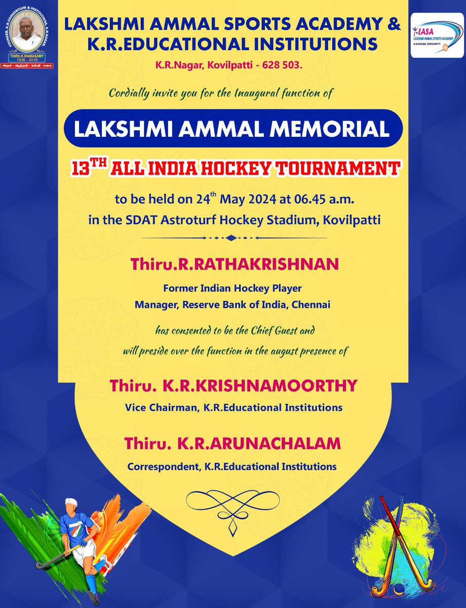 hockeyram's tweet photo. The Inauguration Lakshmi Ammal Memorial 13th All India Hockey Tournament 2024 Tomorrow at 6.45 AM
Catch the Live Action on Hockey Fever Tv YouTube Channel https://t.co/pyeL9KaFdJ
#LAMAIHT #LAM13THAIHT #13THLAMAIHT #Kovilpatti https://t.co/6HpeeeRTjp