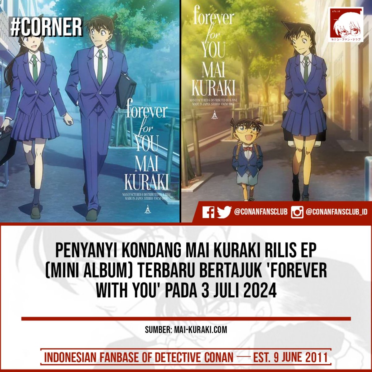 #ConanFansCorner | Mai Kuraki akan merilis mini album spesial bertajuk 'forever for YOU' pada 3 Juli mendatang. Mini album yang memuat 'Unraveling Love ~Sukoshi Yuuki~', 'You and I' & 'Secret, voice of my heart' ini memiliki harga ¥4,620 (sekitar Rp474.000) (📰 @mai_k_staff)