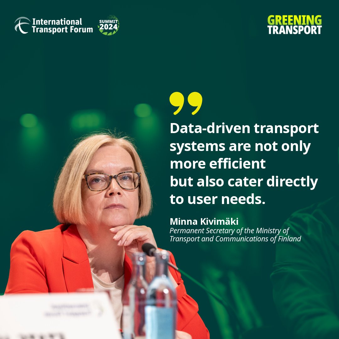 “Data-driven transport systems are not only more efficient but also cater directly to user needs”
<a href="/Kivimakim/">Minna Kivimäki</a> <a href="/lvmfi/">LVM</a> #GreeningTransport #data

#ITF24 💚 Quotes         

Summit website 👉 oe.cd/ITF24