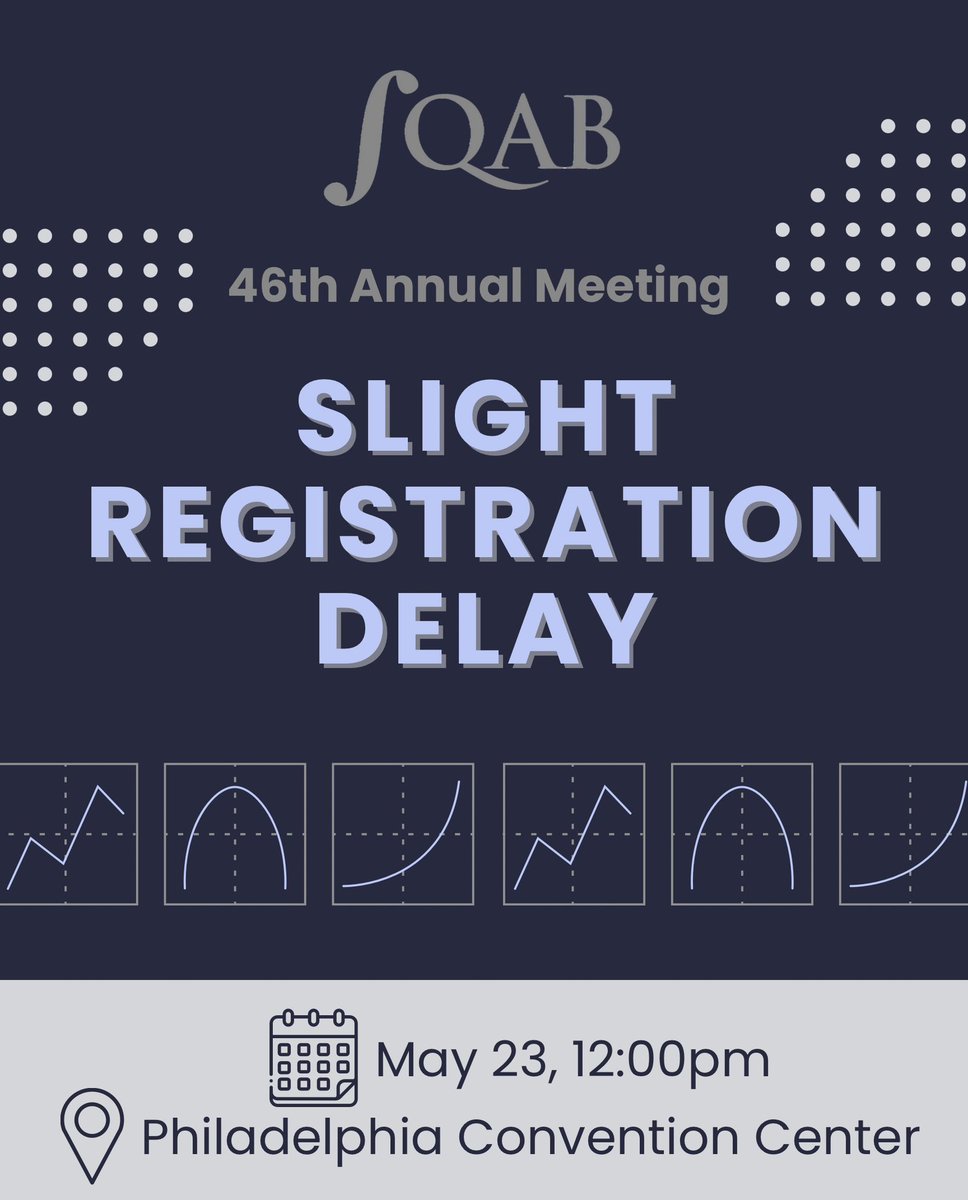 We are happy to finally see you today for the 46th annual SQAB Meeting in Philly!
 
Due to uncontrollable contingencies, registration will start at 12:00 pm instead of at 11:30 am. We will start the meeting at 1:00 pm, according to schedule.
 
Thank you for your understanding!