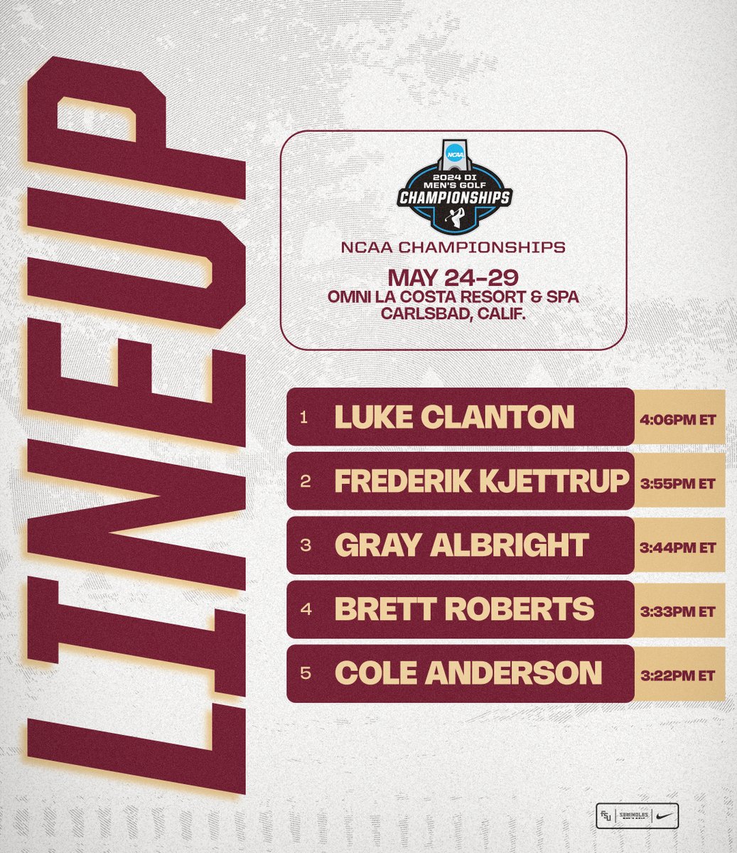 Every round is an 𝐨𝐩𝐩𝐨𝐫𝐭𝐮𝐧𝐢𝐭𝐲 The fifth-seeded men's golf team gets underway at the #NCAAGolf Championship on Friday! 🗓️ May 24-29 📍 Omni La Costa Resort & Spa | Carlsbad, Calif. 📊 results.golfstat.com/public/leaderb… #OneTribe | #GoNoles