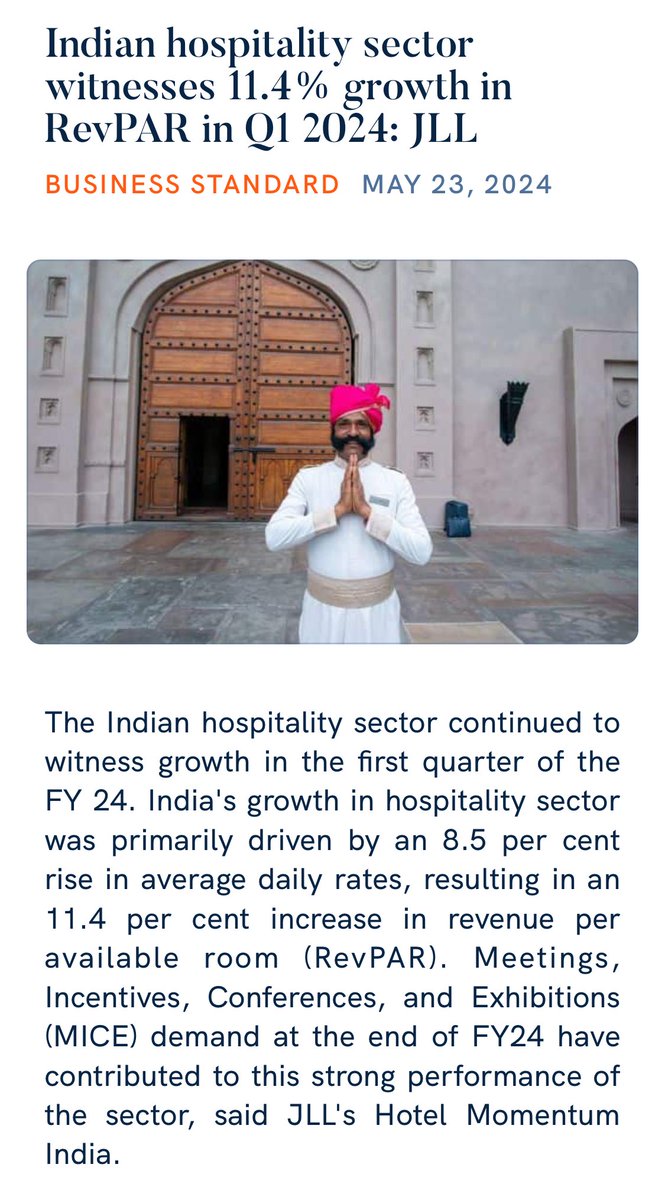 Indian hospitality sector witnesses 11.4% growth in RevPAR in Q1 2024: JLL business-standard.com/industry/news/… via NaMo App