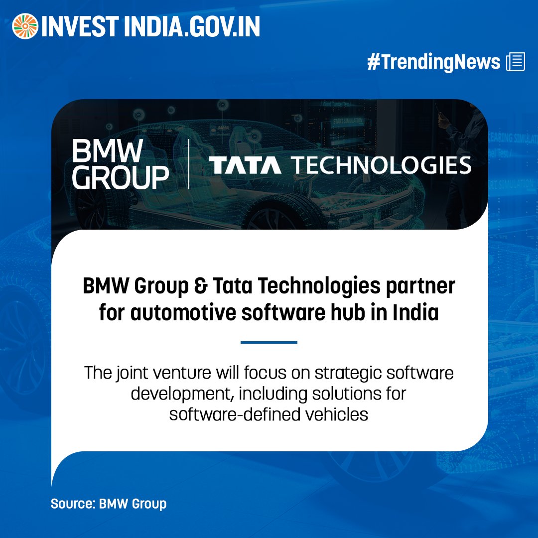 The @BMWGroup & @TataTech_News software development hub will be spread across Pune, Chennai, & Bengaluru, with Bengaluru as the primary site & Chennai specialising in IT solutions. Click for more insights bit.ly/4bAIyu6 #InvestInIndia #InTheNews #TrendingNews #IT #BMW