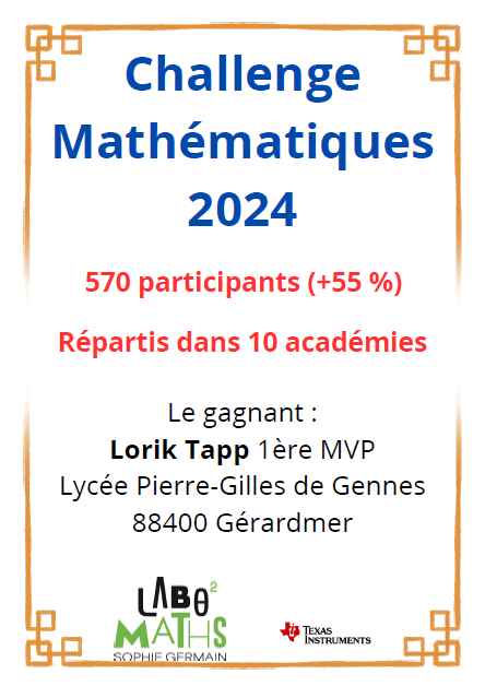GerardmerLp's tweet photo. Challenge Maths 2024 les résultats le vainqueur est ....
@education_gouv @NBelloubet @regiongrandest
@Franck_LEROY_ @acnancymetz @RLaganier
@AnnePadier @ValDautresme @daac_nancy_metz
@ChantierRichard @GeoffroydeVitry https://t.co/suSi9qFbx2