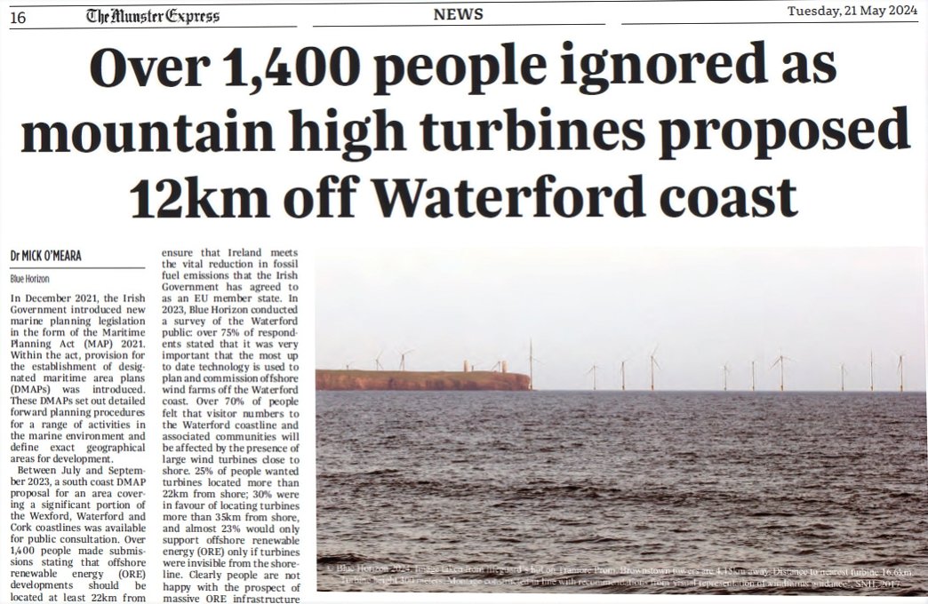 BlueHorizonHQ's tweet image. The power of consultation (or not). Windfarms off the Waterford coastline proposed on developer selected site. Full story on this week's @munsterexpress and @DungarvanObserv
 
@KOSullivanIT  @Failte_Ireland @GoToIrelandUS @VisitWaterford @welovewaterford @WaterfordPocket