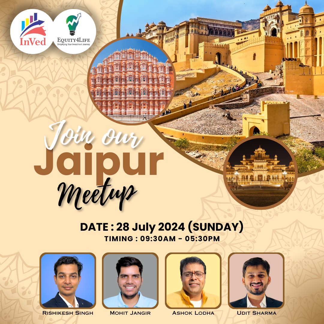 We're thrilled to announce an offline meet-up in Jaipur. 🤝

Link to join : equity4life.co.in/events

🗓️ 28 July 2024 (SUNDAY)
🕒 09:30 AM to 05:30 PM

📍Jaipur 🌆

Speakers : @Rishikesh_ADX , @Investor_Mohit , @ash_lodha & @UditSharma_IH 
Looking forward to your presence, let's