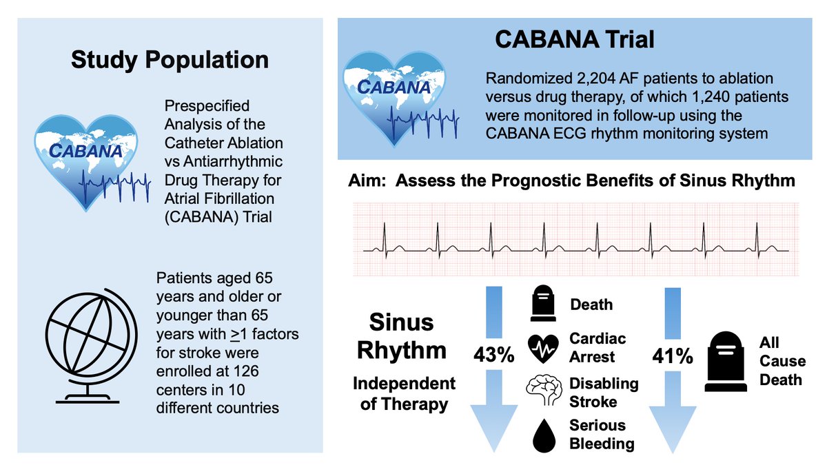 Sinus rhythm in CABANA (independent of therapy) was associated with reduced death, disabling stroke, serious bleeding, and cardiac arrest by 43% and all-cause mortality by 41% @DanMarkMD @jonpiccinisr @JEPOOLEMD @tjaredbunch #AHAJournals #Epeeps doi.org/10.1161/CIRCEP…