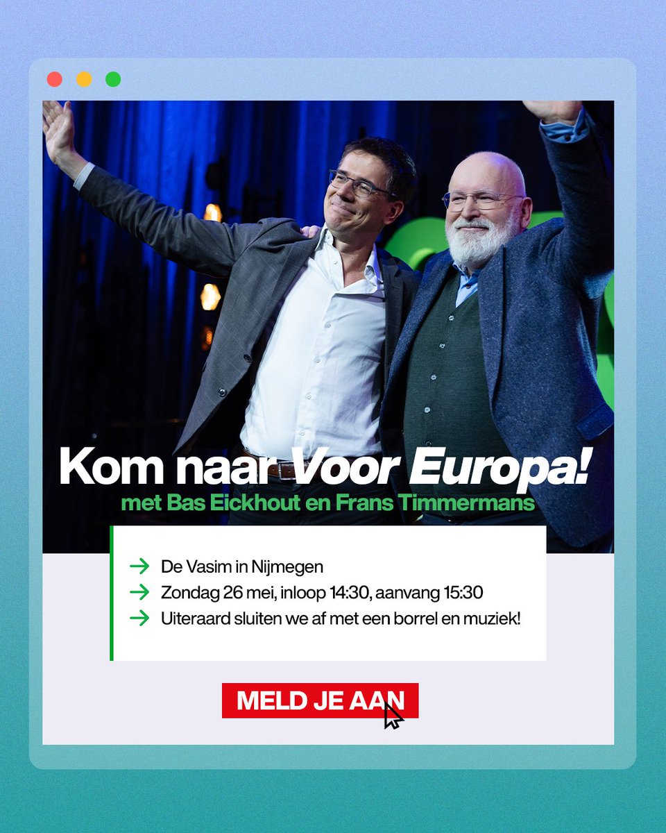 Kom zondag 26 mei naar 'Voor Europa' in Nijmegen! Frans Timmermans, Bas Eickhout en muzikant Jett Rebel zijn er ook. Dan duiken we samen de grote onderwerpen in van deze tijd: de rechtsstaat, Europese veiligheid, klimaatrechtvaardigheid. Meld je aan 👉 groenlinkspvda.nl/voor-europa-ni…