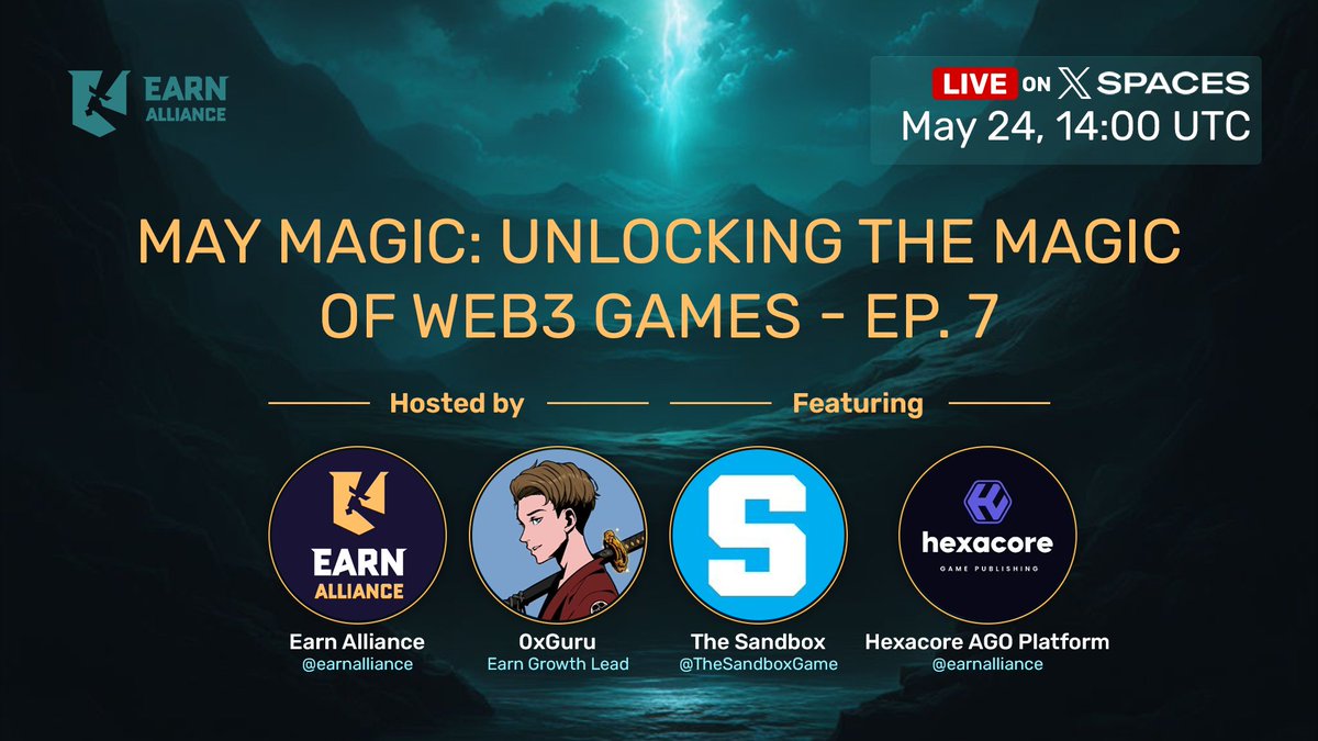 🌟 Join us for May Magic: Unlocking The Magic of Web3 Games - Ep. 7! ✨ We'll share the stage with amazing guests from: @Hexacore_UGC and @TheSandboxGame Hosted by @0xGuru 🧙‍♂️ 🗓️ Date: May 24th ⏰ Time: 2:00 PM UTC Set a reminder below and see you tomorrow! 🪄