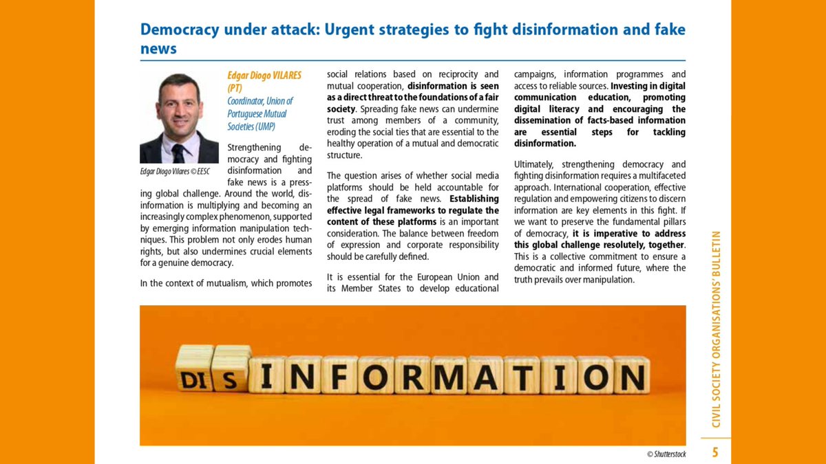 Strengthening democracy & fighting #disinformation requires a multifaceted approach. International cooperation, effective regulation & empowering citizens to discern information are 🗝️in this fight, ✍️our member Edgar Diogo Vilares @MutualidadesPT on p. 5: europa.eu/!wKWyd8