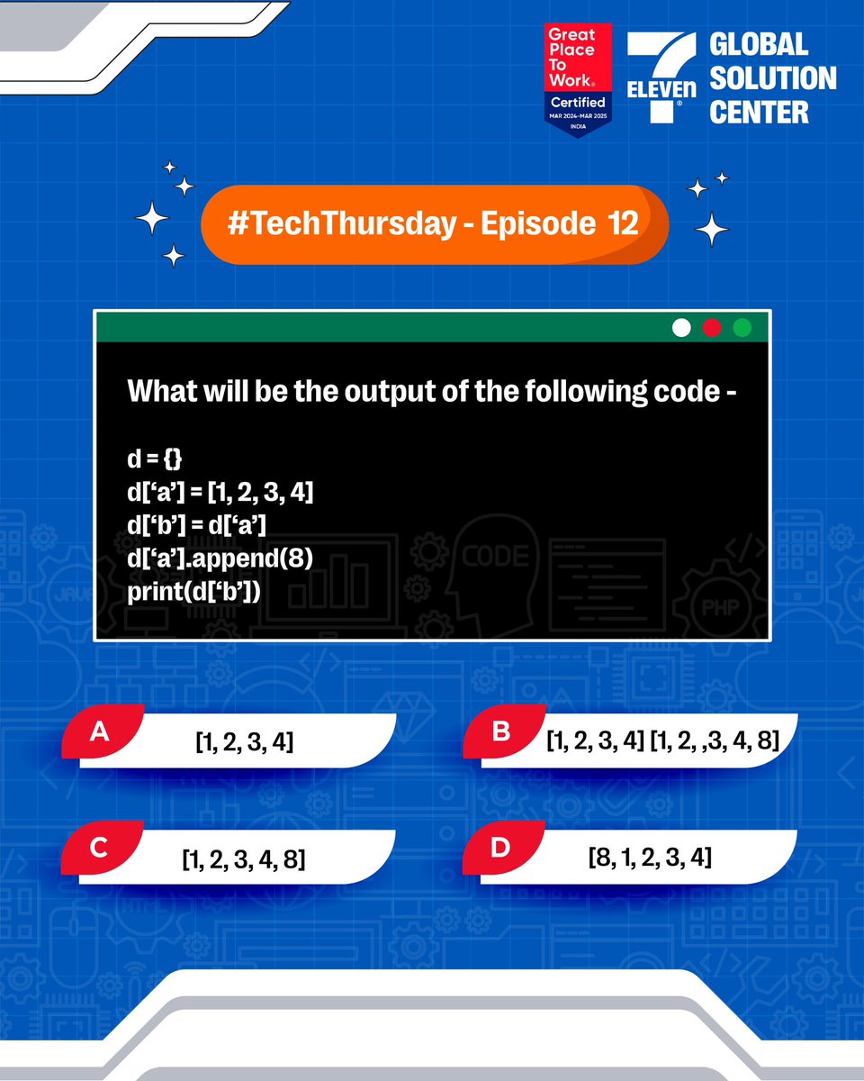 Choose the correct answer and comment below 👇

#TechThursday #Quiz #7ElevenGlobalSolutionCenter #7ElevenGlobal #ConvenienceRetail #FutureTechnologists #FutureTechnologyLeaders #RetailTech