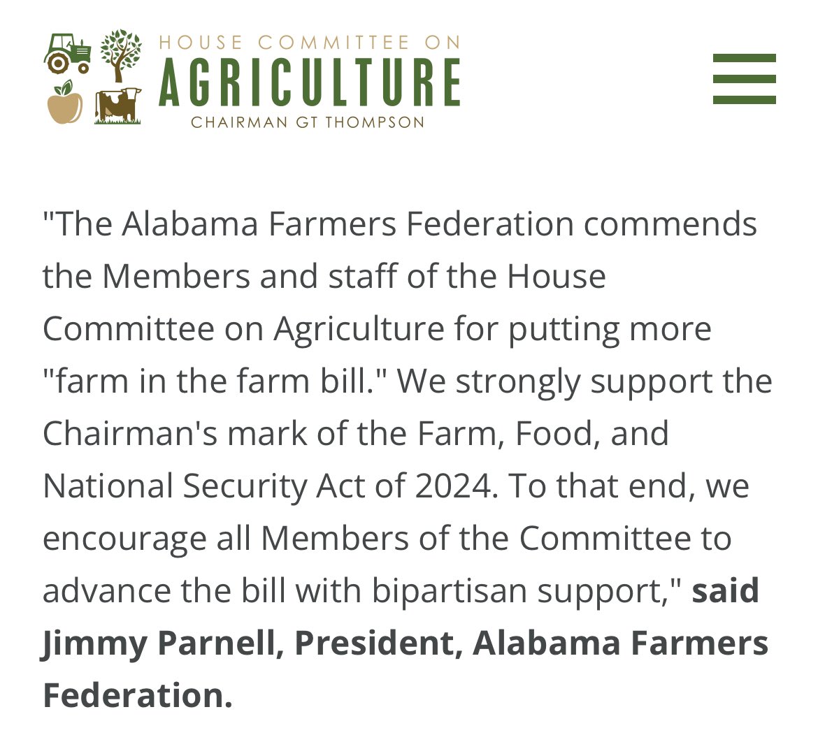 We commend the Members and staff of the House Committee on Agriculture for putting more 'farm in the farm bill.' We strongly support the Chairman's mark of the Farm, Food, and National Security Act of 2024. @RepBarryMoore @CongressmanGT