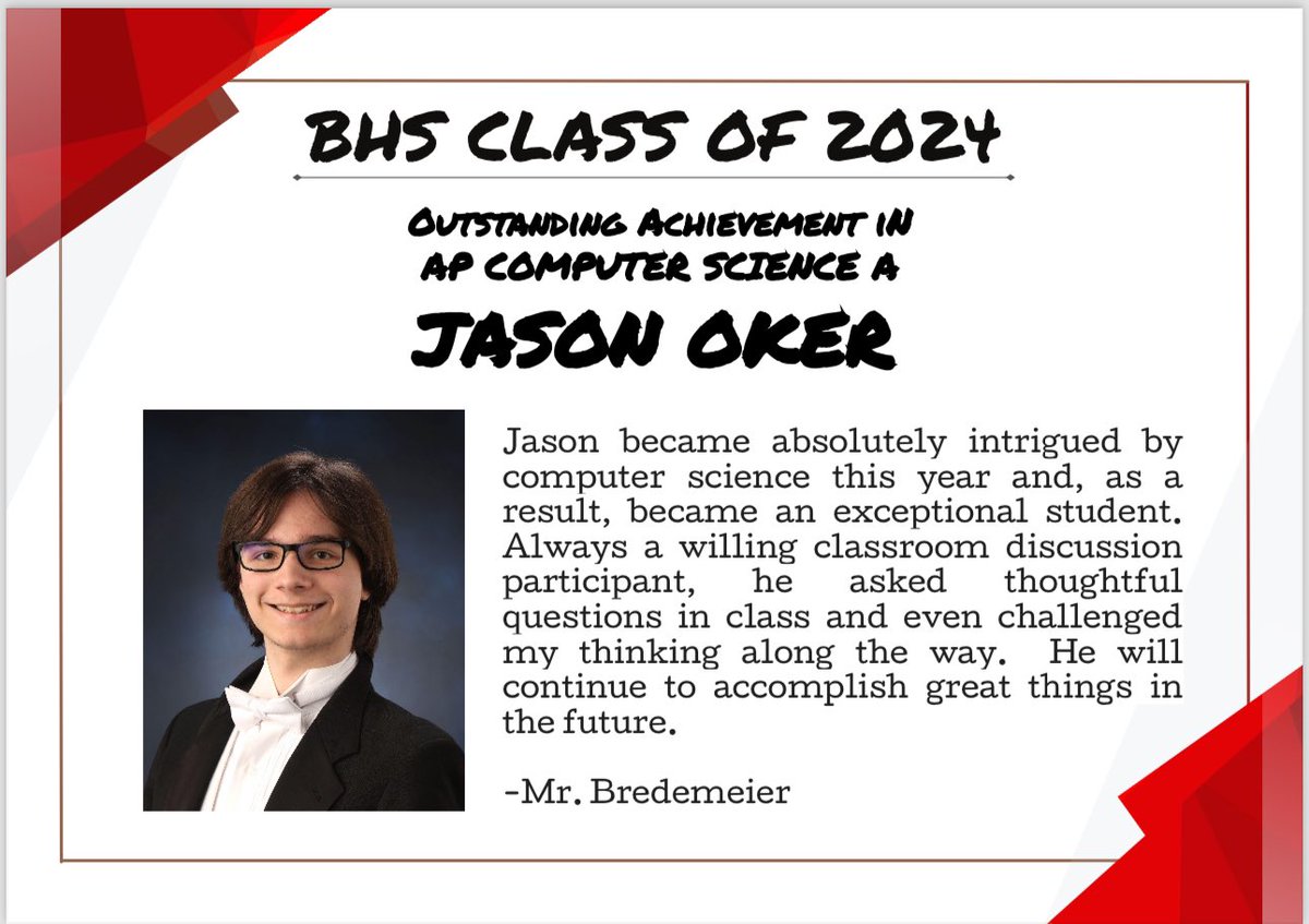Congrats to Jason Oker! One of our <a href="/BarringtonHS220/">Barrington High School</a> Outstanding Seniors in AP Computer Science A!
