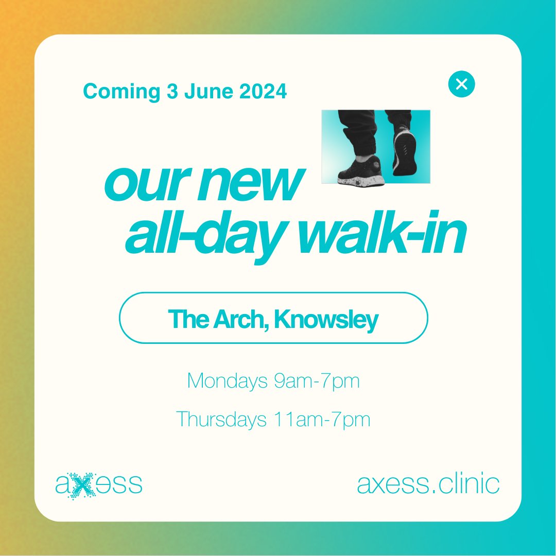 😀 We're opening a new all-day walk-in sexual health clinic in Knowsley.

Starting 3 June 2024, you can visit our Knowsley walk-in on Mondays between 9am-7pm and Thursdays 11am-7pm.

More updates will be posted on our website closer to the clinic opening date.